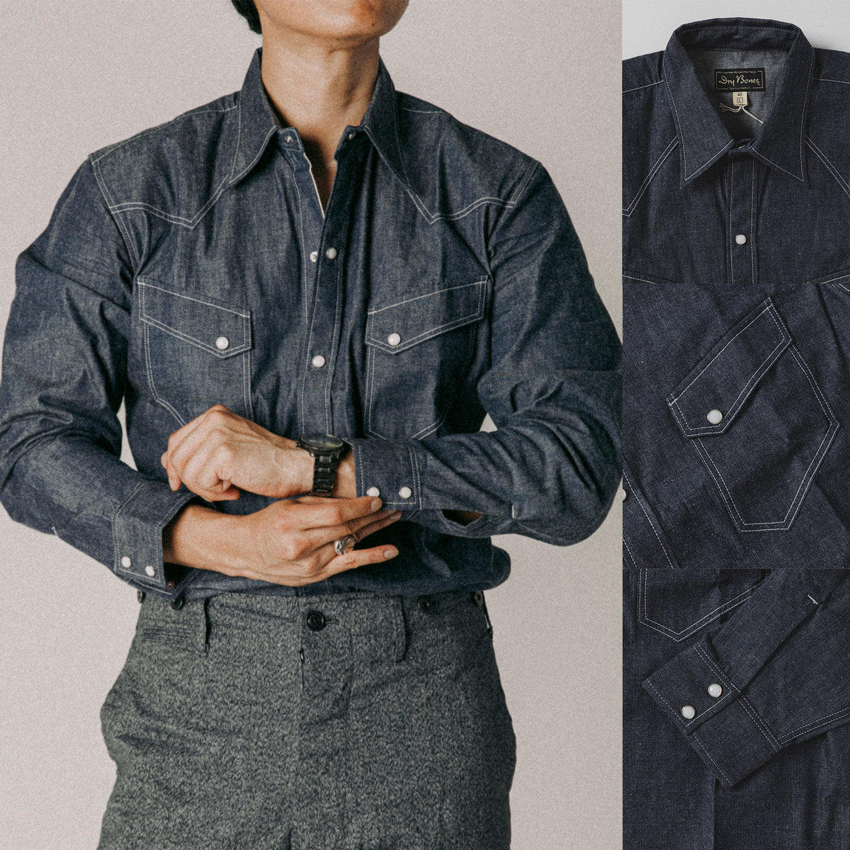 Dry Bones 6.5oz Denim Weatern Shirt — Indigo — view 6