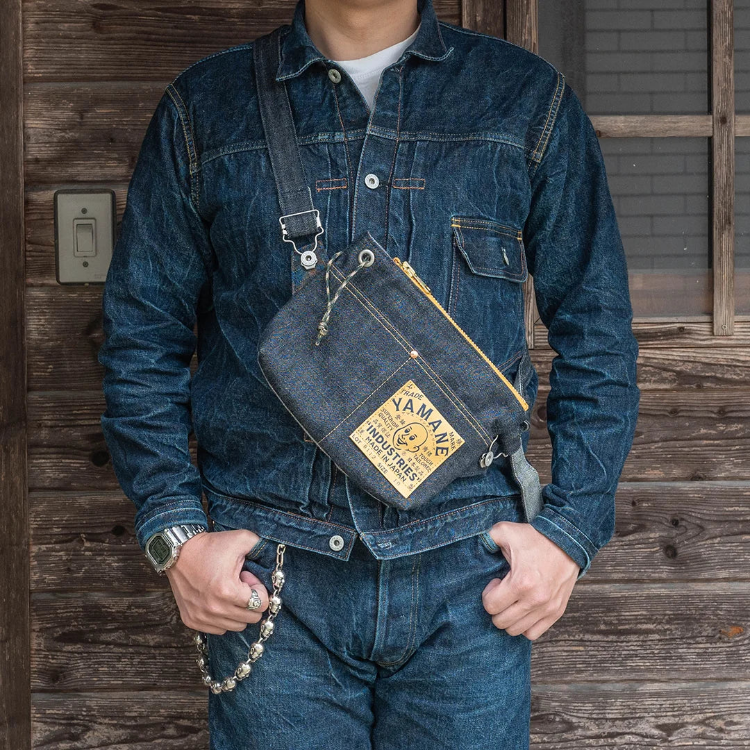 YAMANE LOT.9113 DENIM ZIP SHOULDER BAG WIDE 15 INCH - DENIM