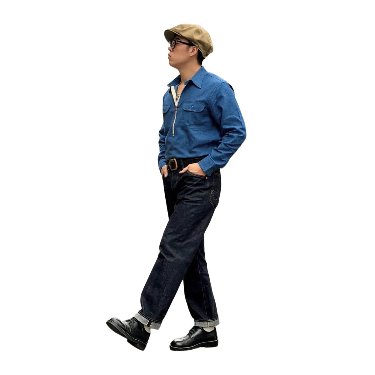 Dry Bones Embroidery Stitches Half Zip Work Shirt — Blue — view 2