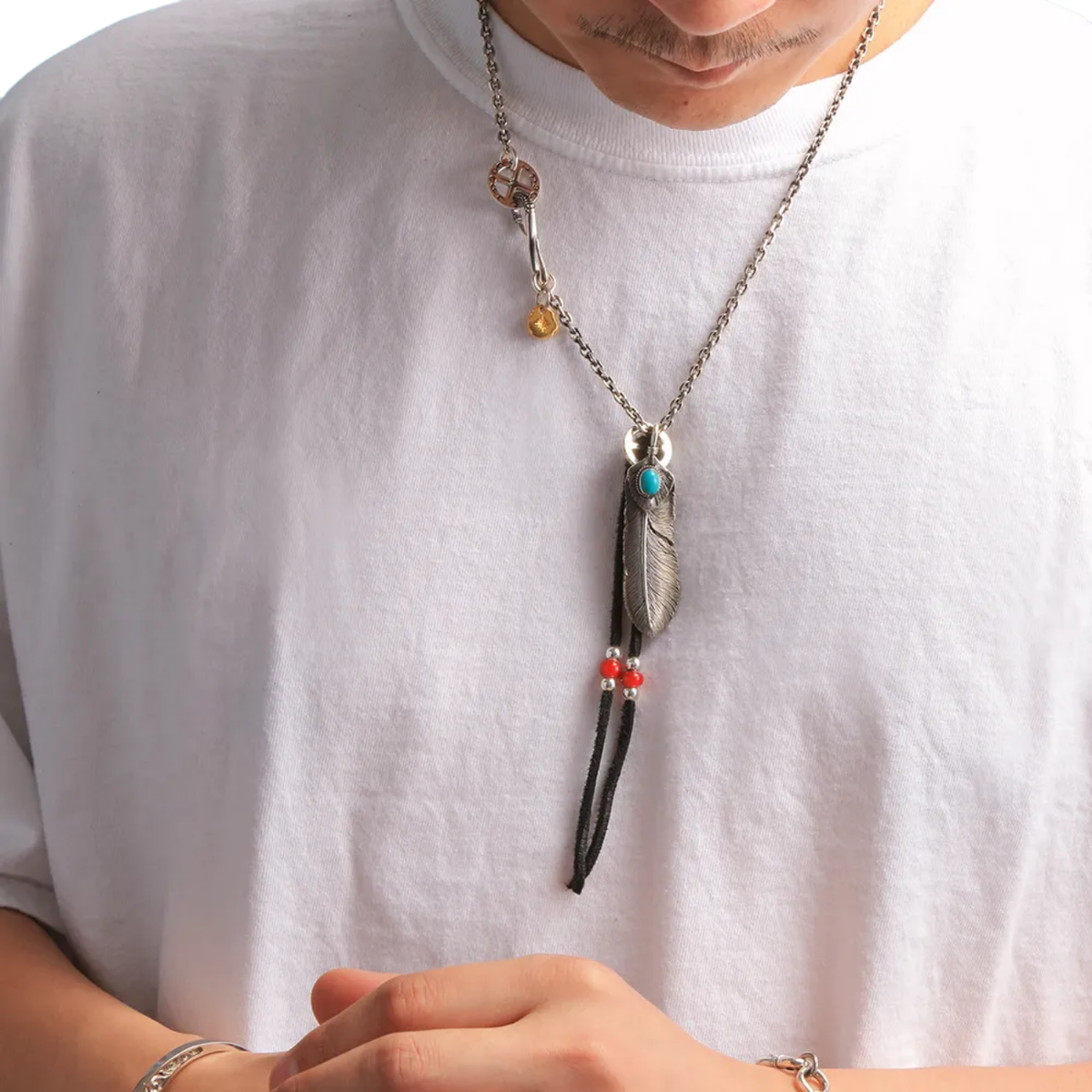 Saad Feather (facing Left) Natural Turquoise Stone Pendant Top — No Color — view 4