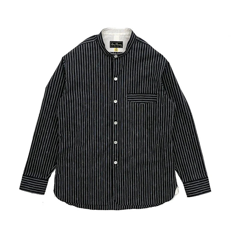 Dry Bones Stripe Band Collar Work Shirt — Navy — front view