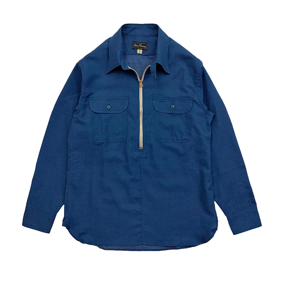 Dry Bones Embroidery Stitches Half Zip Work Shirt — Blue — front view