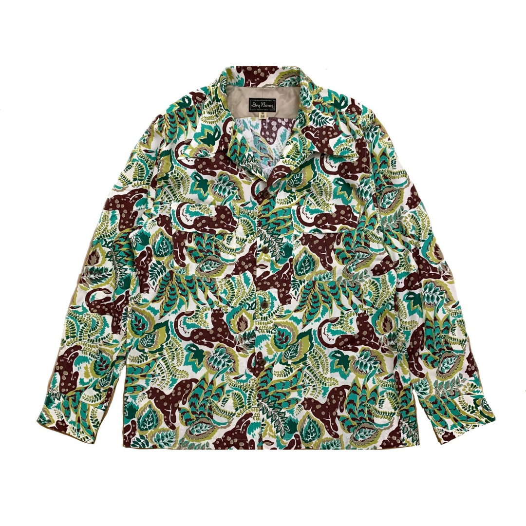 Dry Bones Long Sleeve Hawaiian Shirt Panther — Off White — front view