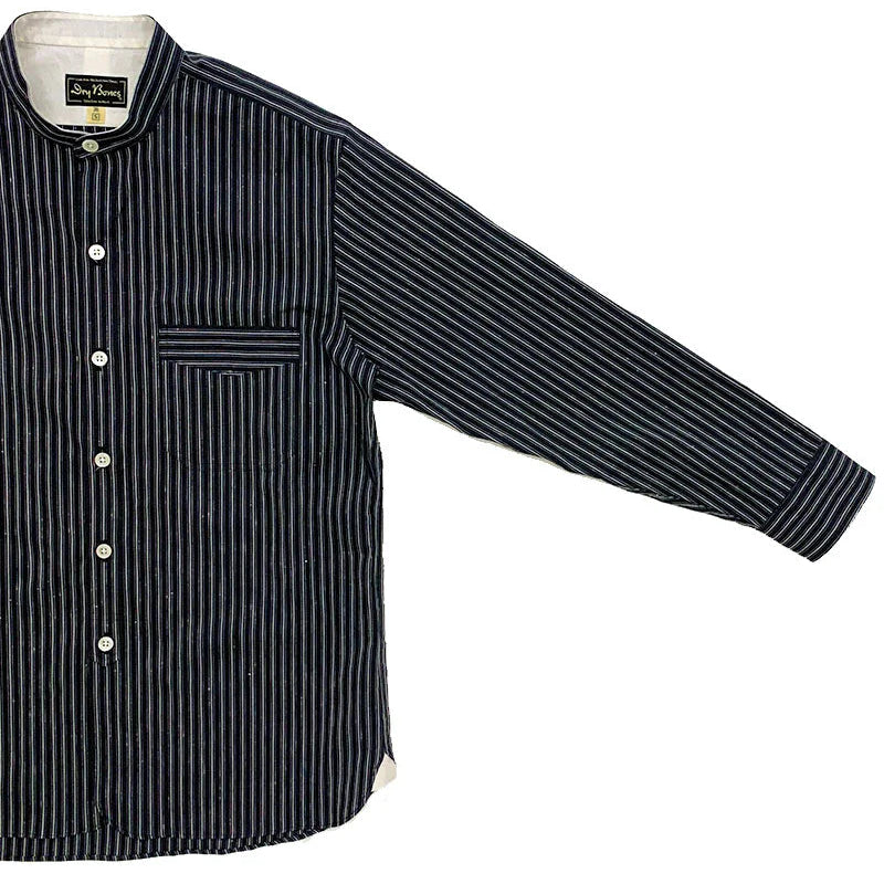 Dry Bones Stripe Band Collar Work Shirt — Navy — view 3