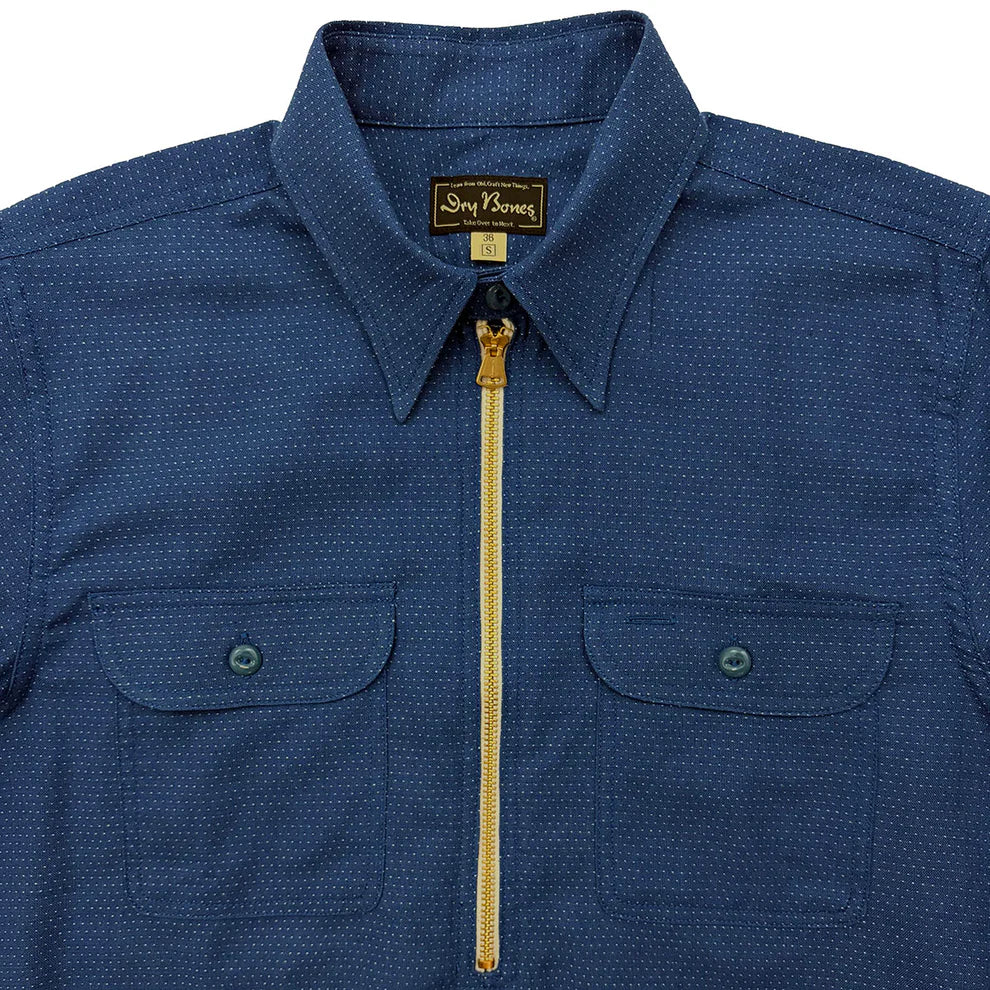 Dry Bones Embroidery Stitches Half Zip Work Shirt — Blue — view 4
