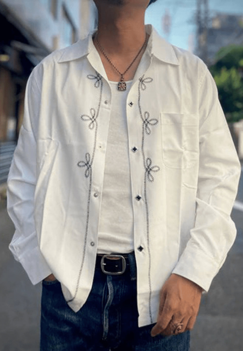Dry Bones Embroidered Open Shirt Western — Off White — view 3