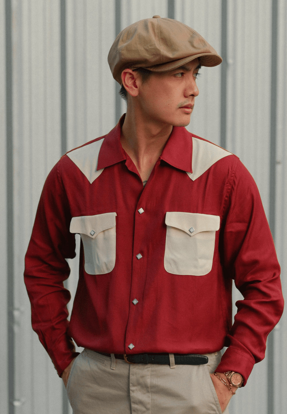 Dry Bones Western Yoke 2 Flap Open Shirt — Wine — view 5