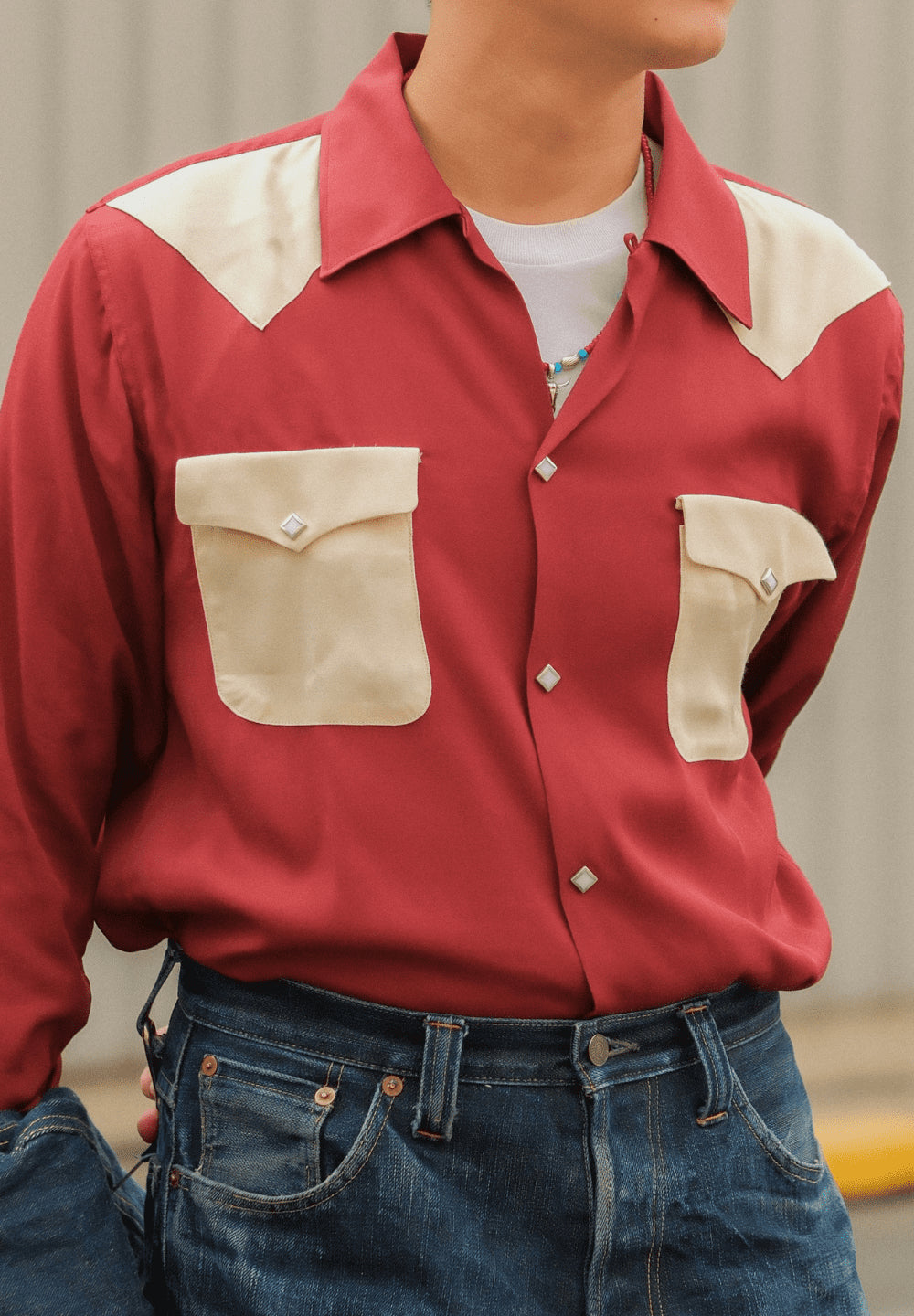 Dry Bones Western Yoke 2 Flap Open Shirt — Wine — view 3