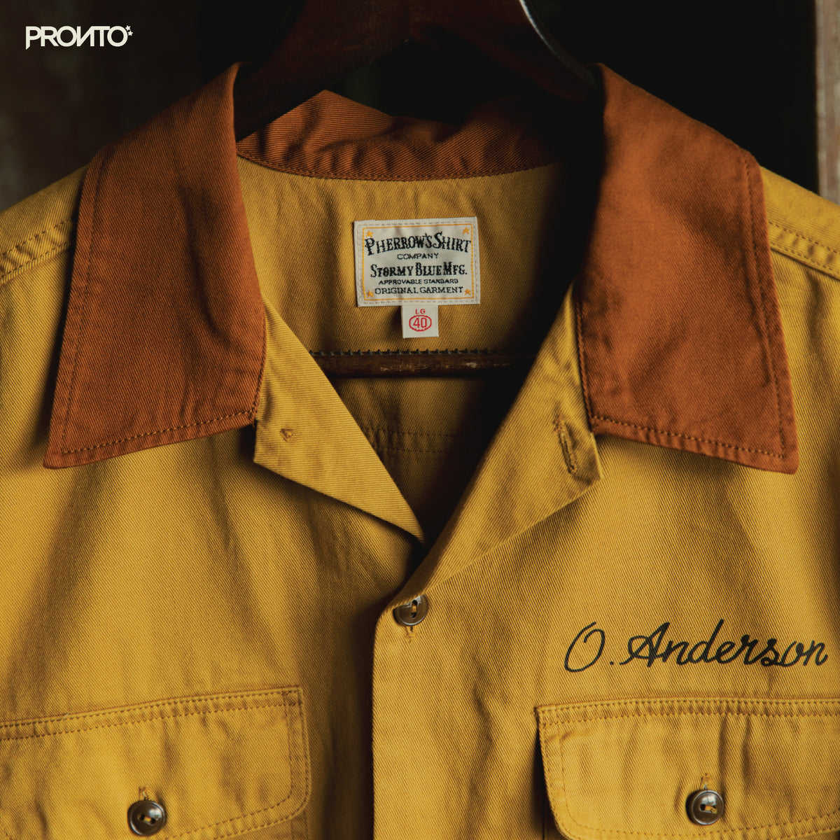 Pherrows Open Collar Work Shirts — Mustard X Brown — view 3
