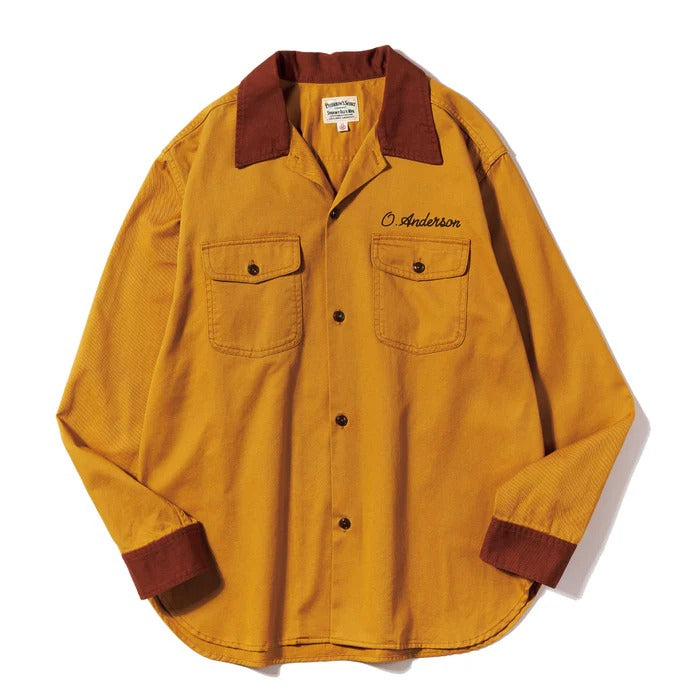 Pherrows Open Collar Work Shirts — Mustard X Brown — front view