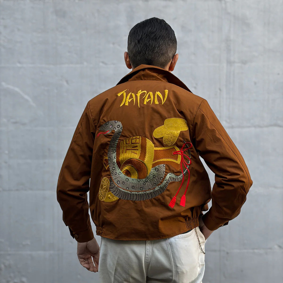 Dry Bones Embroidered Jacket Snake And Gavel — Brown — front view