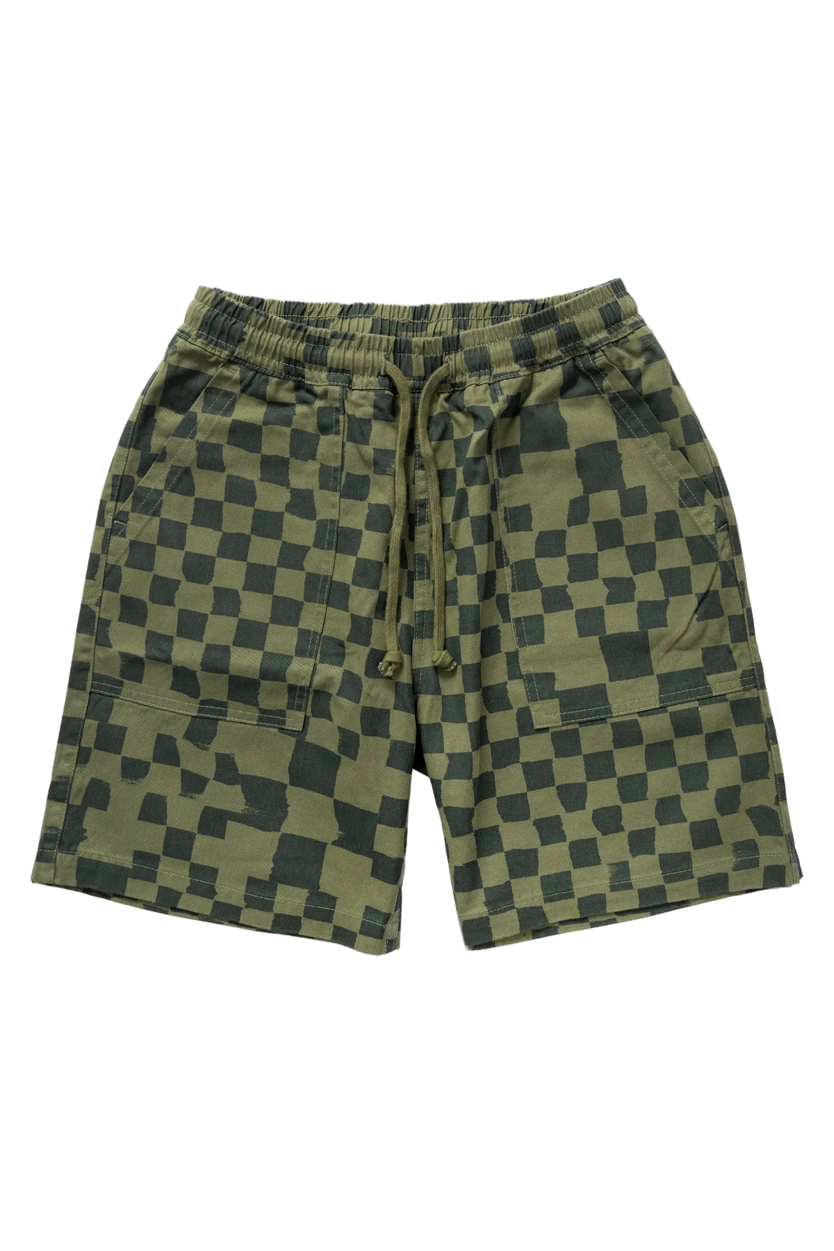 Service Works Drill Printed Chef Short — Olive Checker — front view