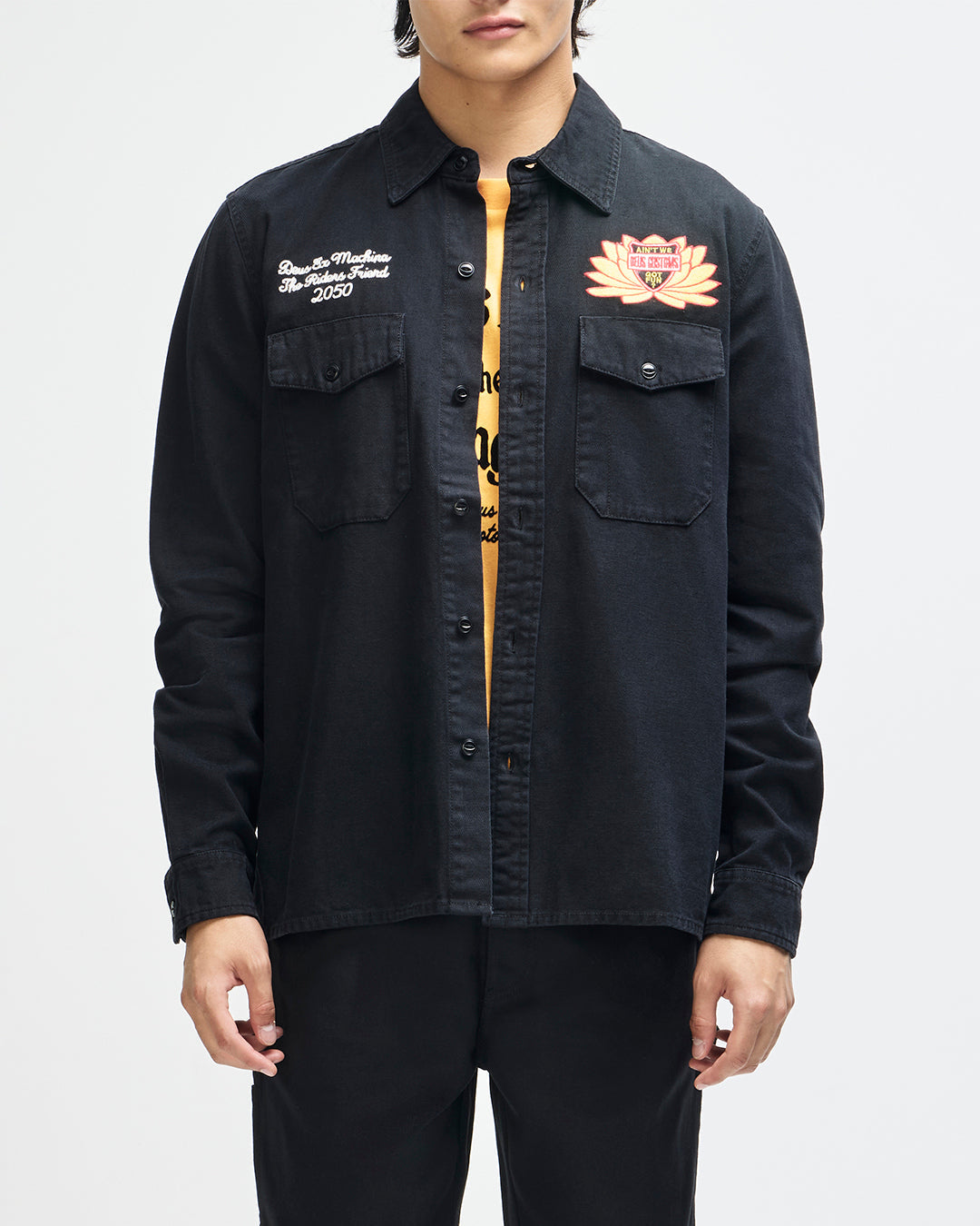 sacred-chest-shirt-black|Model