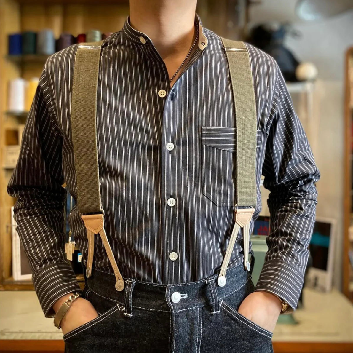 Dry Bones Stripe Band Collar Work Shirt — Navy — view 7