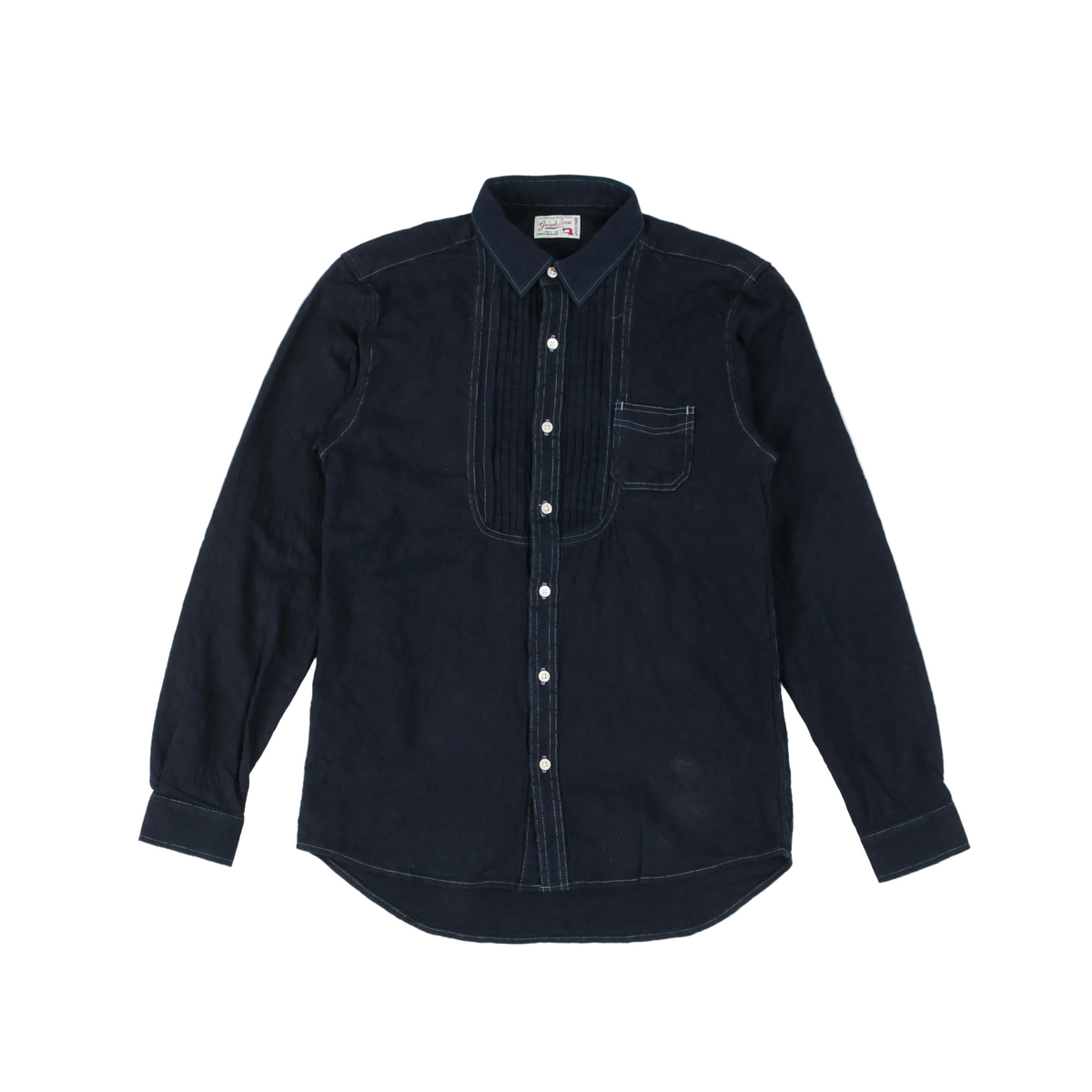 Graph Zero Pleated Dreess Long Sleeve Shirt — Paisley Indigo — front view