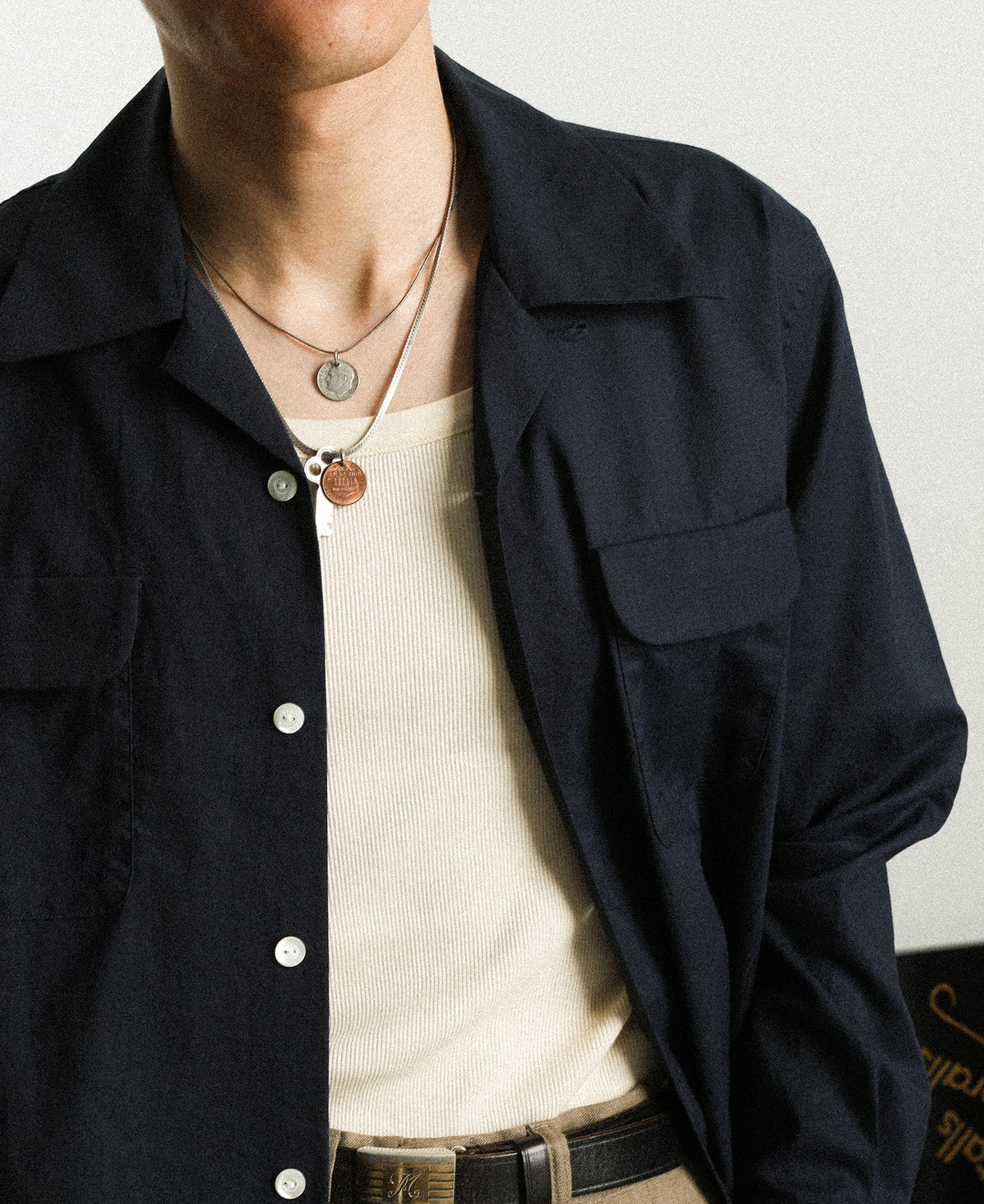 MILITORA LOT 220L 1940S LINEN-COTTON OPEN COLLAR SHIRT - NAVY