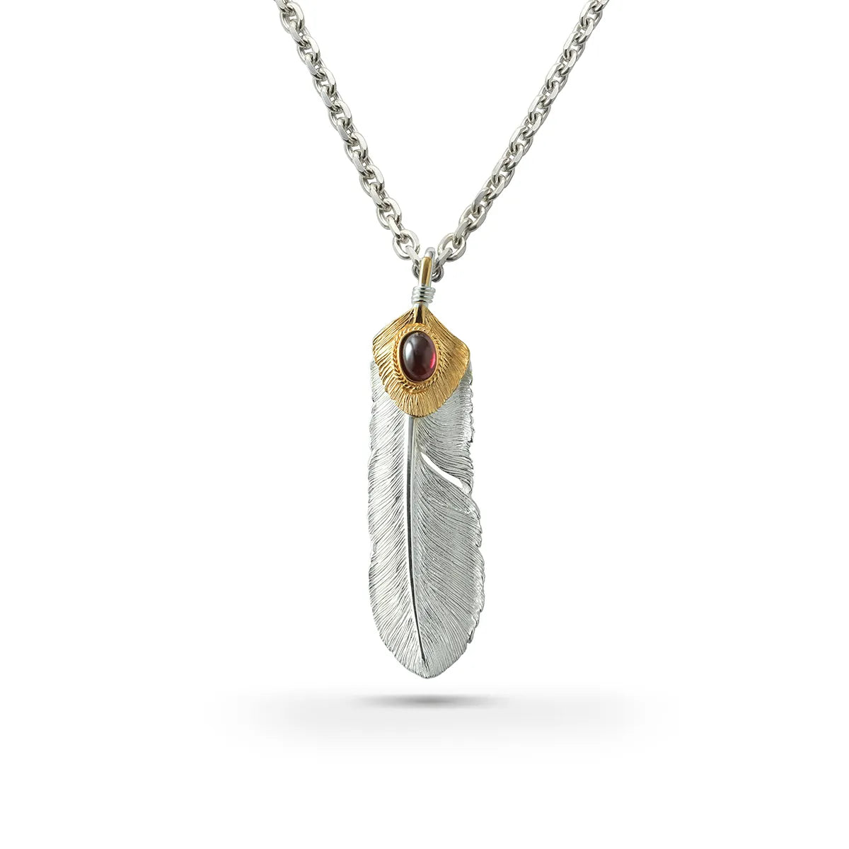 SAAD FEATHER NATURAL SILVER LEFT FACING PENDANT/GARNET/24K PLATED HEART