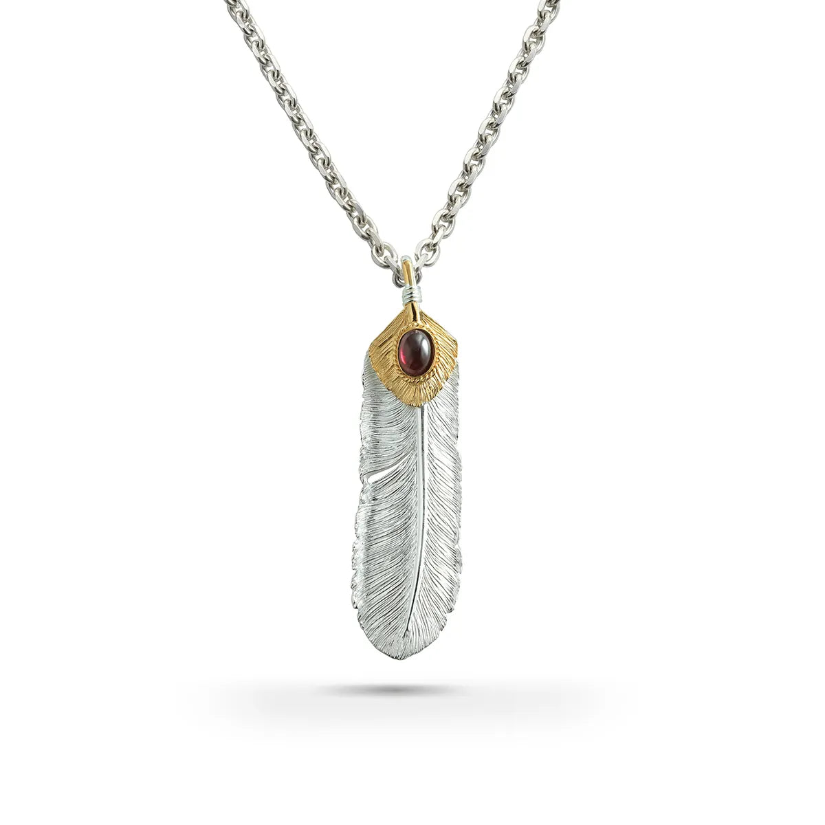 SAAD FEATHER NATURAL SILVER RIGHT FACING PENDANT/GARNET/24K PLATED HEART