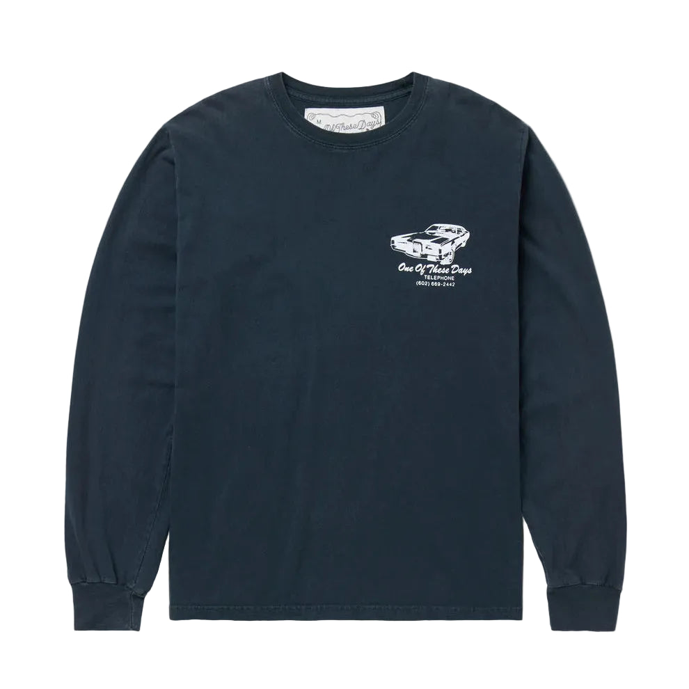 One Of These Days Tire Service Long Sleeve Tee — Washed Black — front view